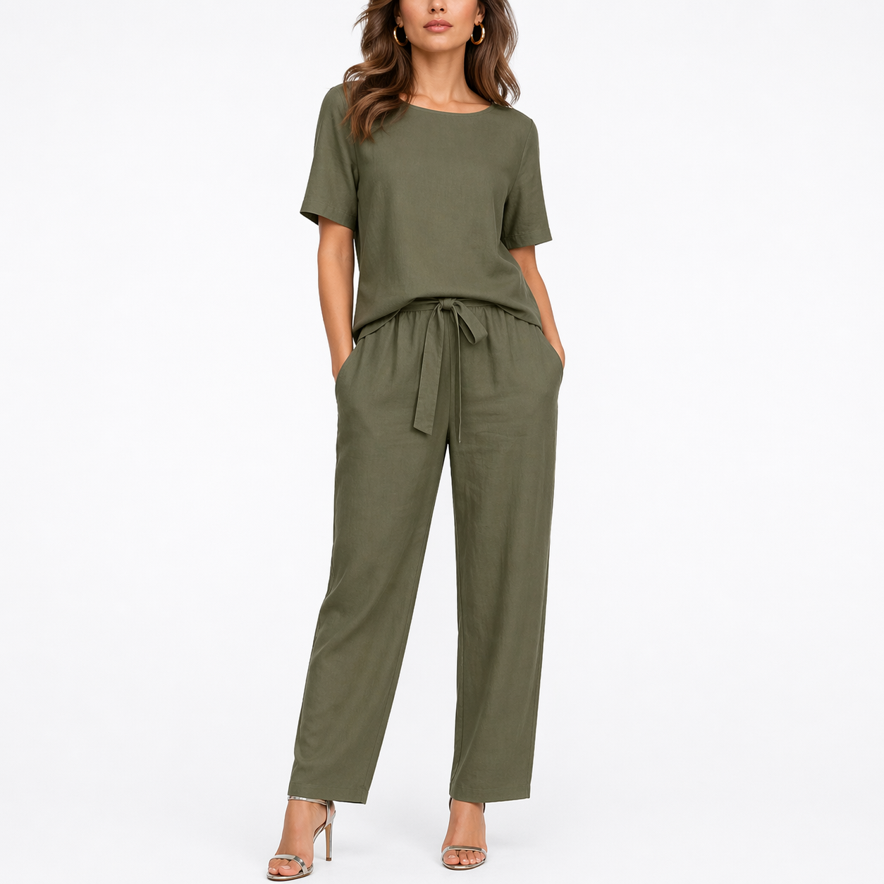Willa Women's Two Piece Set featuring a stylish short-sleeve top and adjustable waist trousers, perfect for casual outings and comfortable wear. 0