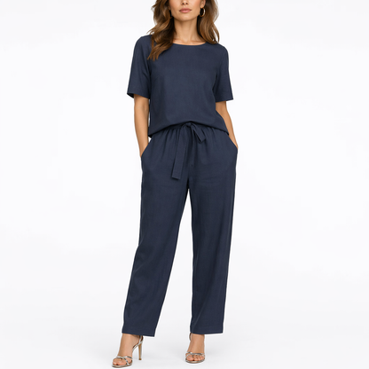 Willa Women's Two Piece Set featuring a stylish short-sleeve top and adjustable waist trousers, perfect for casual outings and comfortable wear. 1
