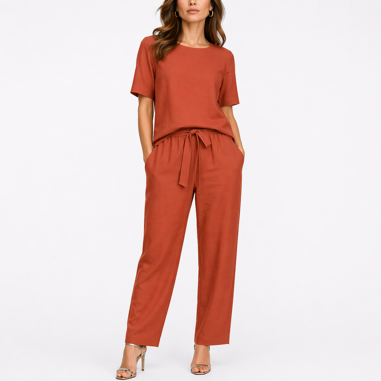 Willa Women's Two Piece Set featuring a stylish short-sleeve top and adjustable waist trousers, perfect for casual outings and comfortable wear. 2