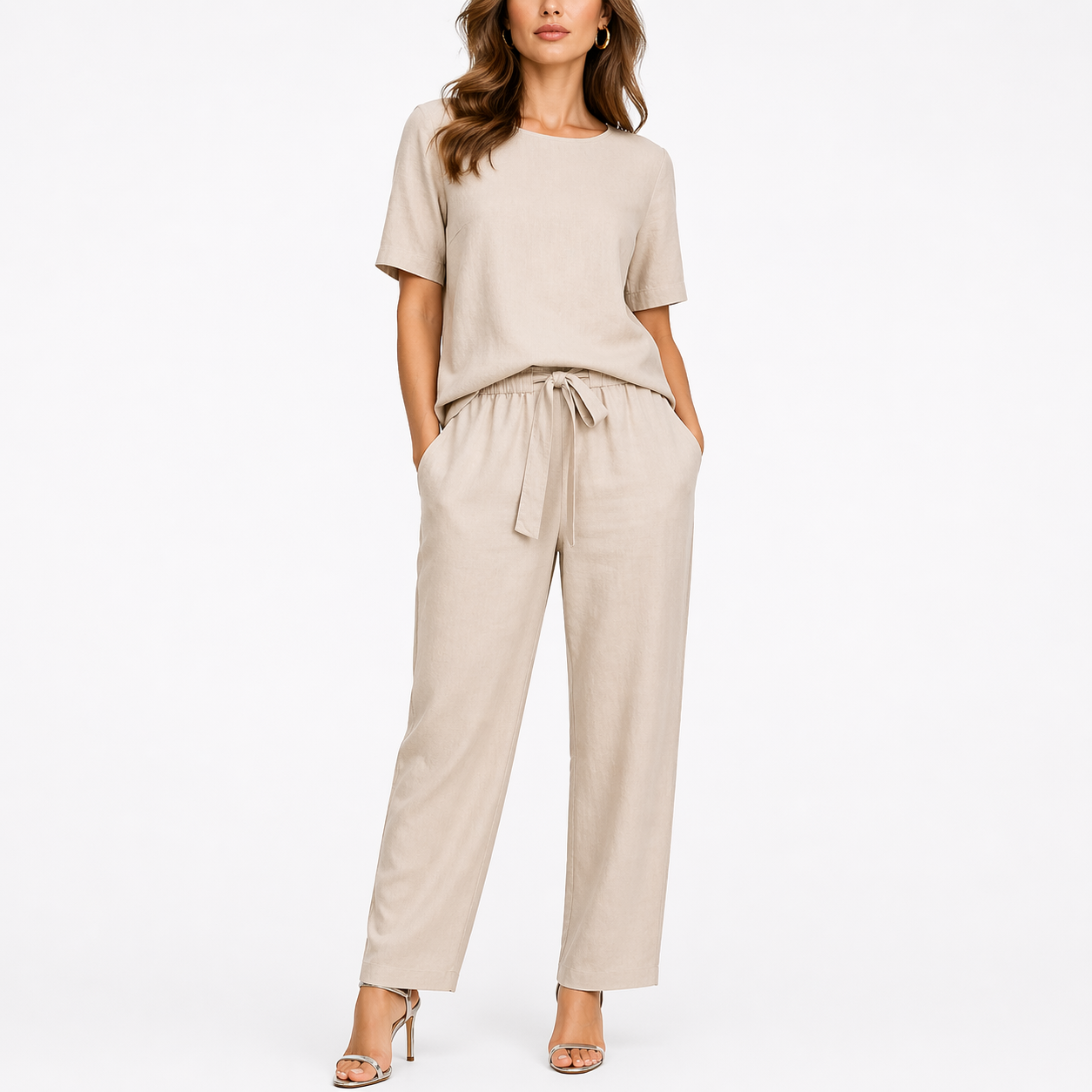 Willa Women's Two Piece Set featuring a stylish short-sleeve top and adjustable waist trousers, perfect for casual outings and comfortable wear. 3