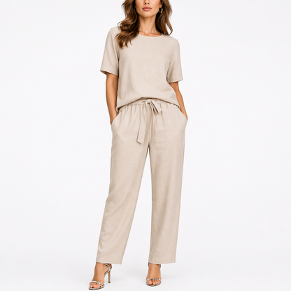 Willa Women's Two Piece Set featuring a stylish short-sleeve top and adjustable waist trousers, perfect for casual outings and comfortable wear. 3