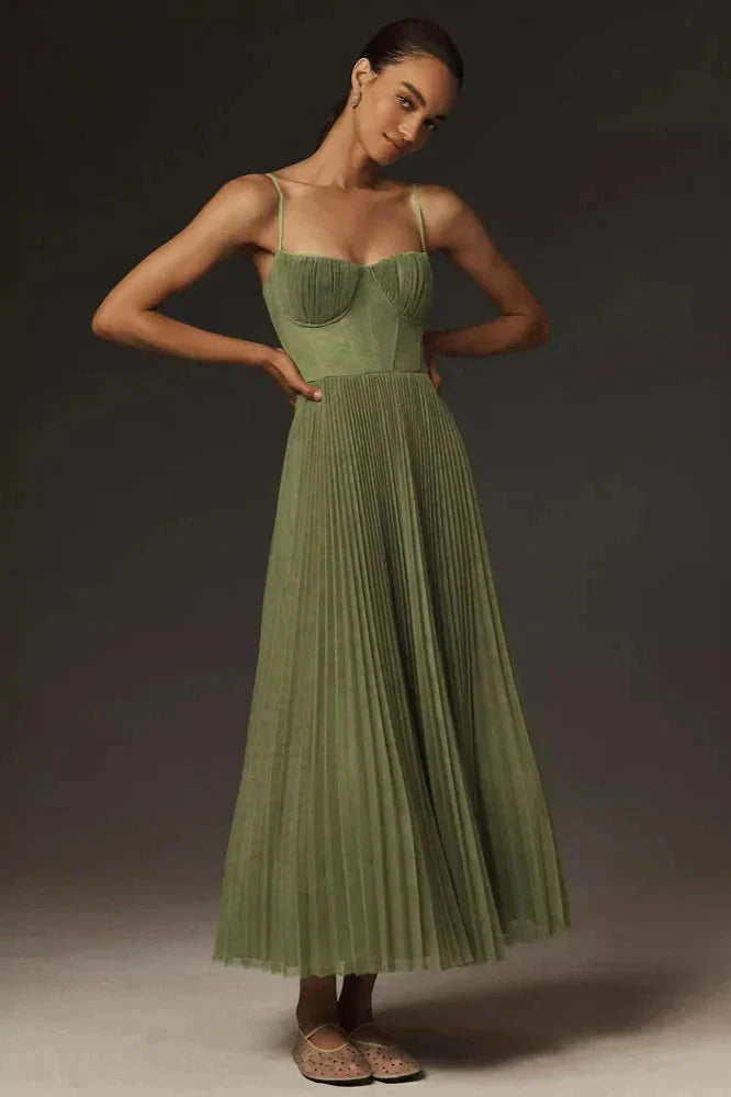 Wistful Women’s Midi Dress featuring a pleated fit and flare design, perfect for elegant outings and casual gatherings. 0