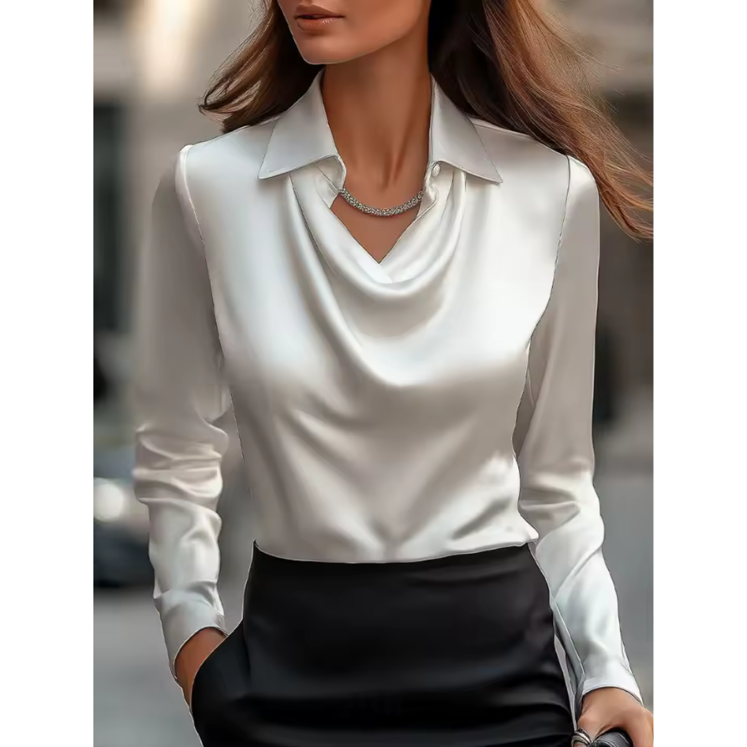 Women’s Draped Neck Long Sleeve Blouse with Smooth Finish