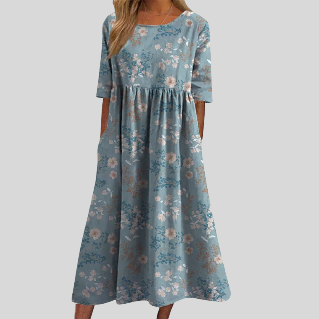 Women’s Floral Midi Dress with Round Neck and Short Sleeves
