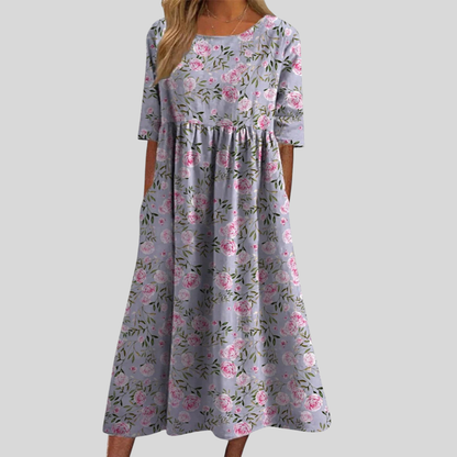 Women’s Floral Midi Dress with Round Neck and Short Sleeves