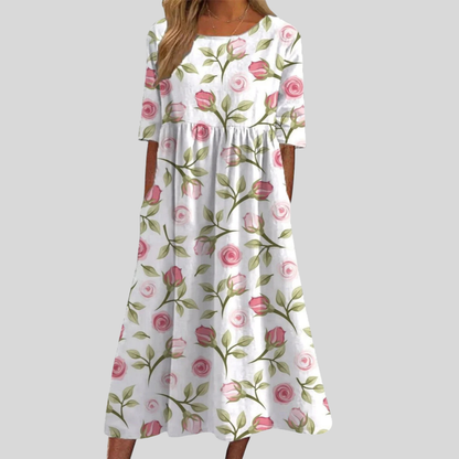 Women’s Floral Midi Dress with Round Neck and Short Sleeves