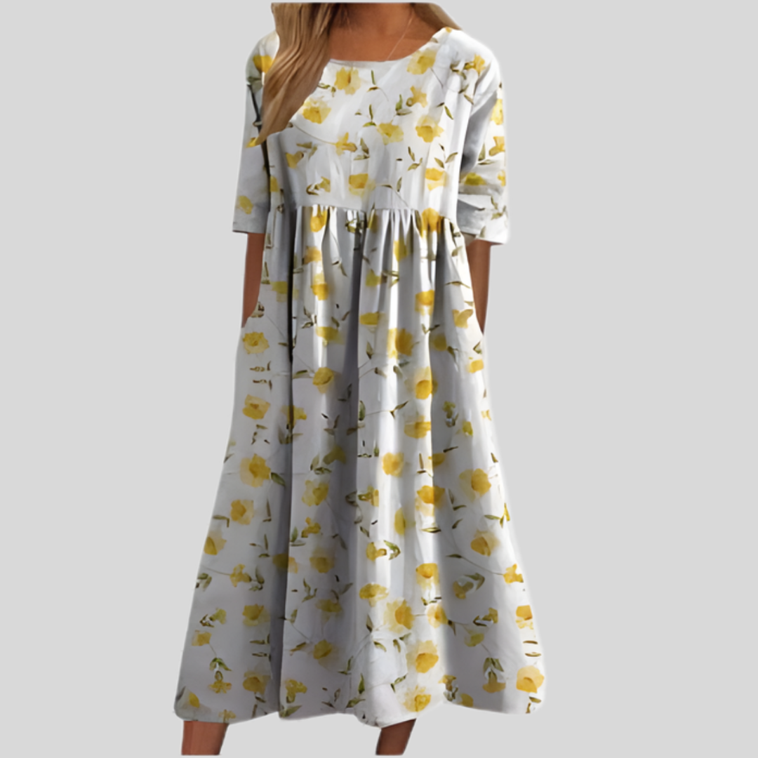 Women’s Floral Midi Dress with Round Neck and Short Sleeves