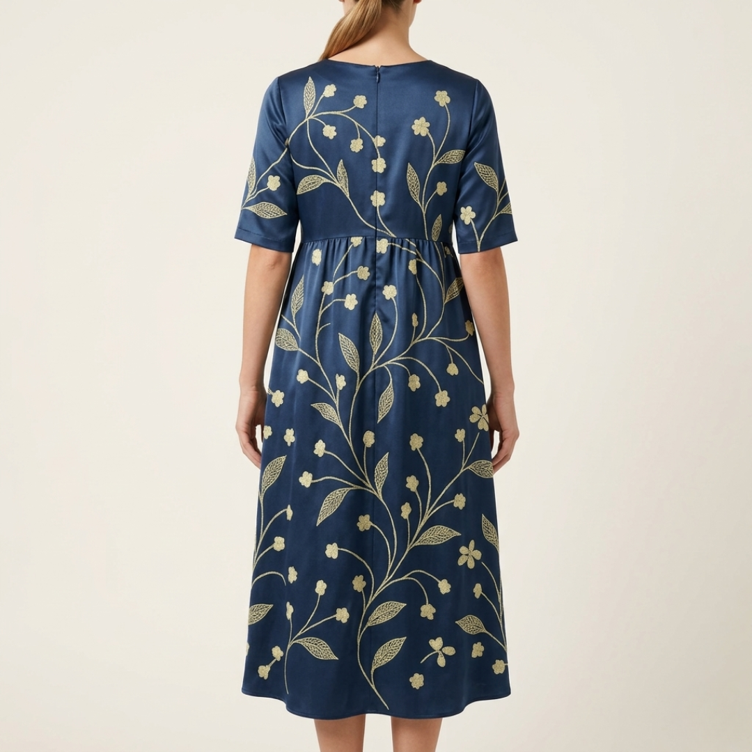 Women’s Floral Midi Dress with Round Neck and Short Sleeves