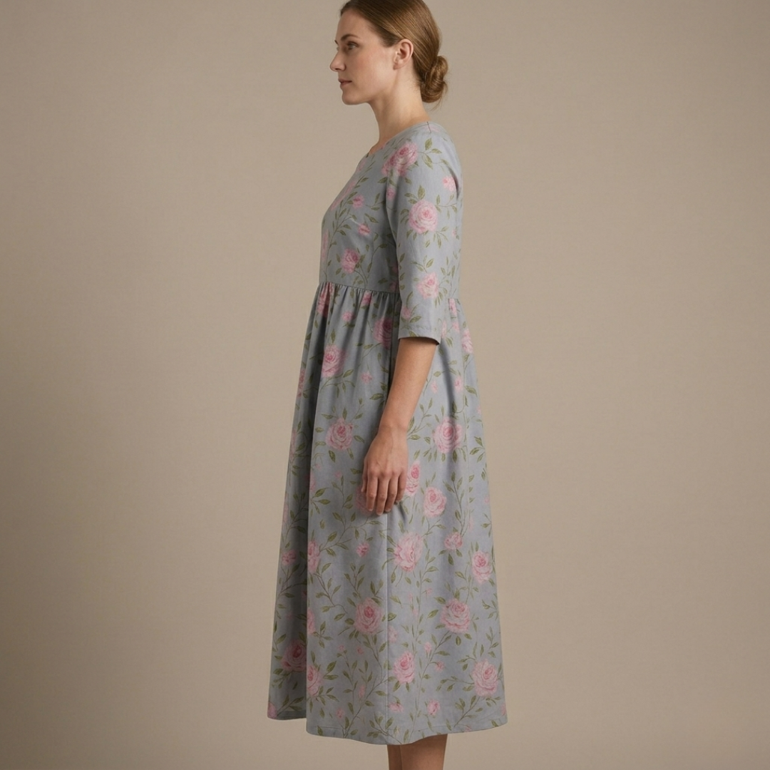 Women’s Floral Midi Dress with Round Neck and Short Sleeves