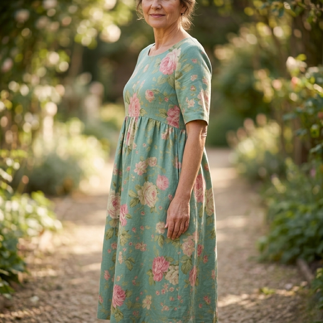 Women’s Floral Midi Dress with Round Neck and Short Sleeves