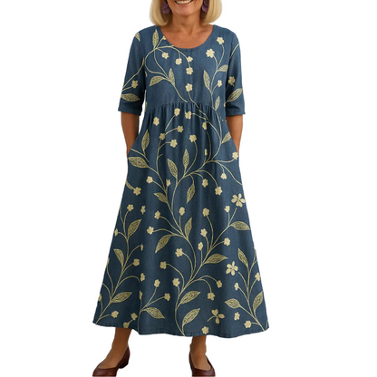Women’s Floral Midi Dress with Round Neck and Short Sleeves