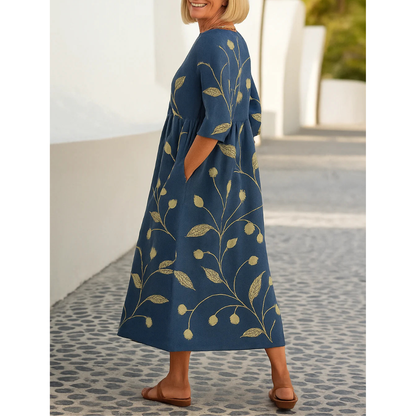 Women’s Floral Midi Dress with Round Neck and Short Sleeves