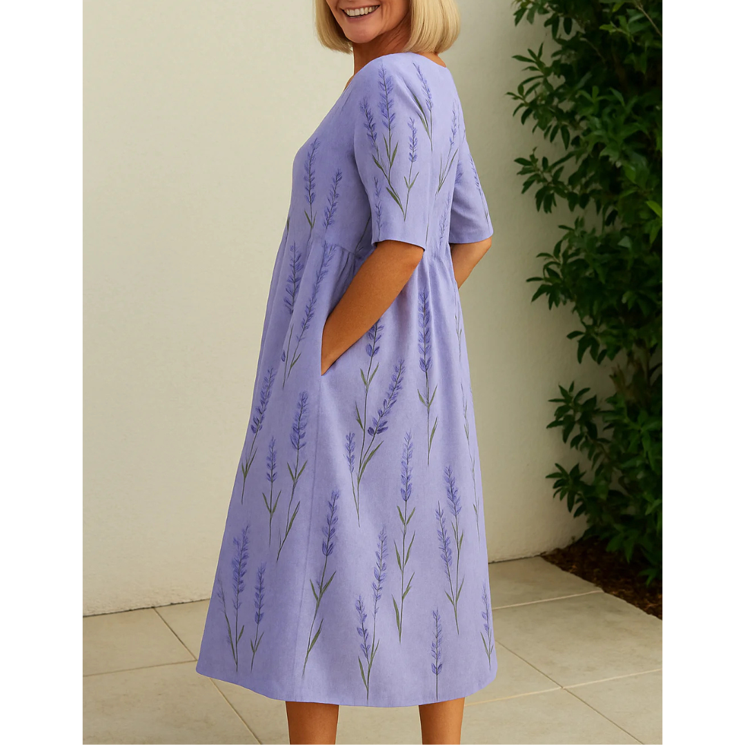 Women’s Floral Midi Dress with Round Neck and Short Sleeves