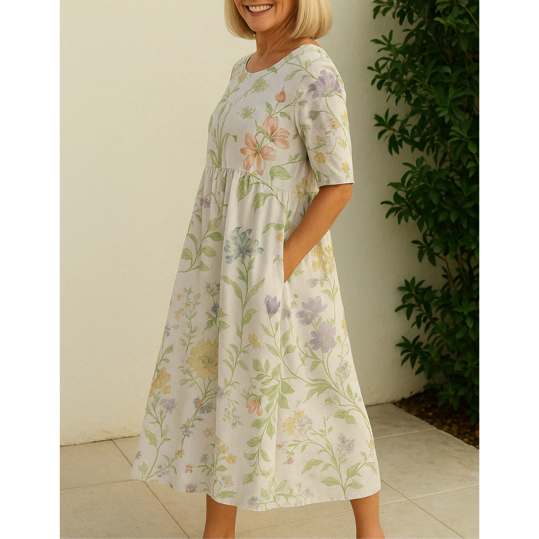Women’s Floral Midi Dress with Round Neck and Short Sleeves