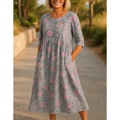 Women’s Floral Midi Dress with Round Neck and Short Sleeves