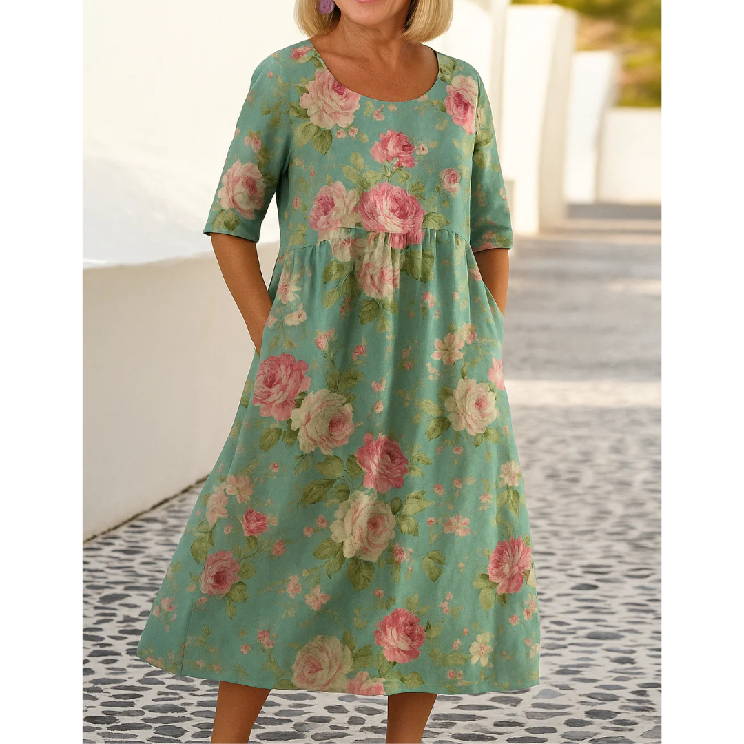 Women’s Floral Midi Dress with Round Neck and Short Sleeves