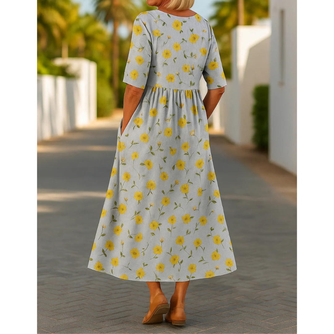 Women’s Floral Midi Dress with Round Neck and Short Sleeves