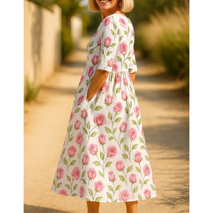 Women’s Floral Midi Dress with Round Neck and Short Sleeves