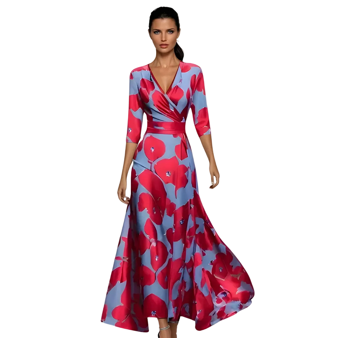 Women’s Floral Print Maxi Dress with V-Neck and Waist Tie