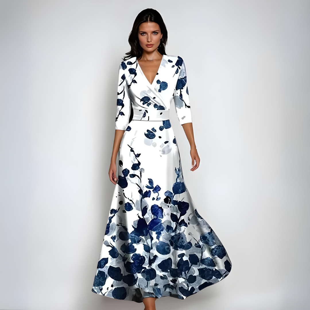 Women’s Floral Print Maxi Dress with V-Neck and Waist Tie