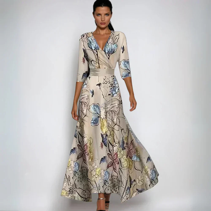 Women’s Floral Print Maxi Dress with V-Neck and Waist Tie