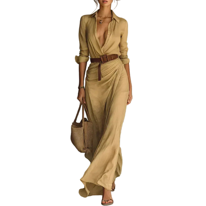 Women’s Long Sleeve Maxi Shirt Dress with Belt