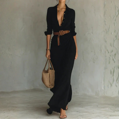 Women’s Long Sleeve Maxi Shirt Dress with Belt