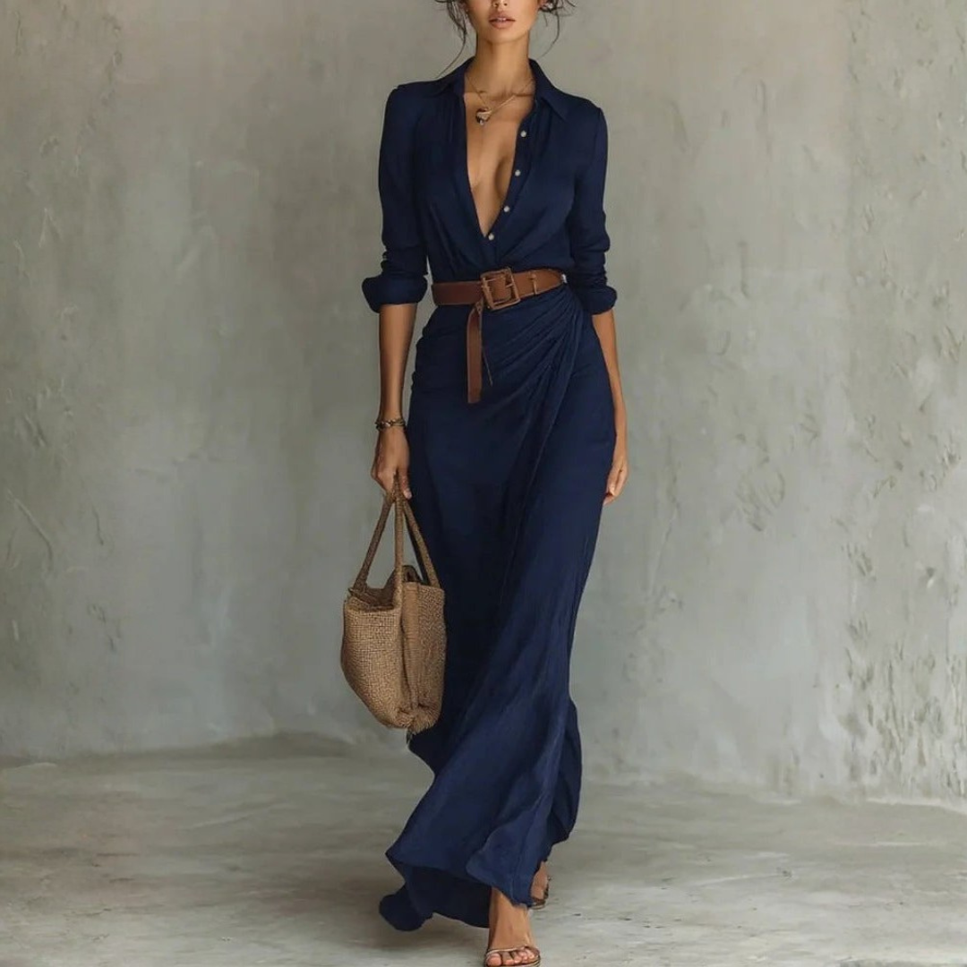 Women’s Long Sleeve Maxi Shirt Dress with Belt
