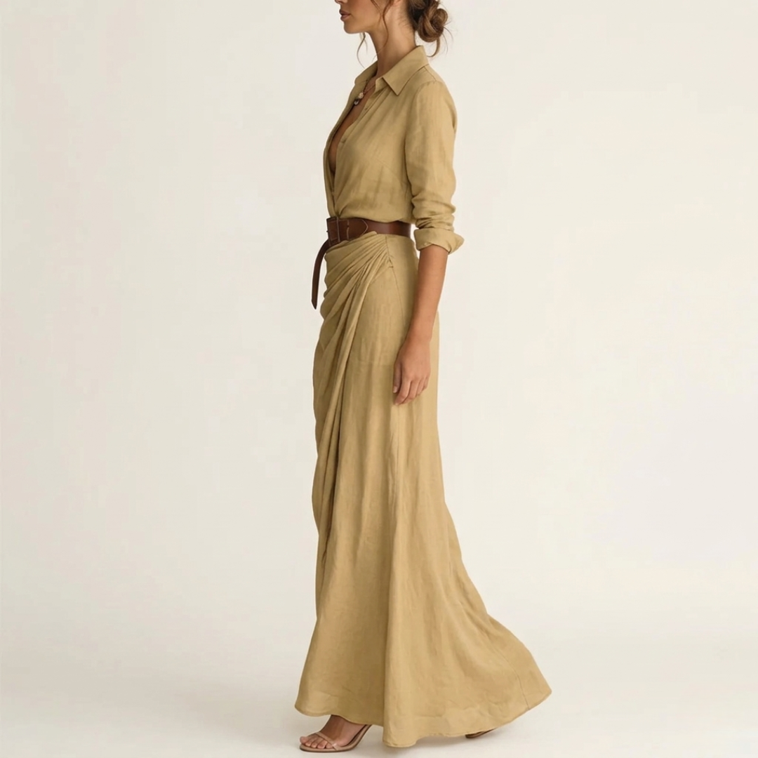 Women’s Long Sleeve Maxi Shirt Dress with Belt
