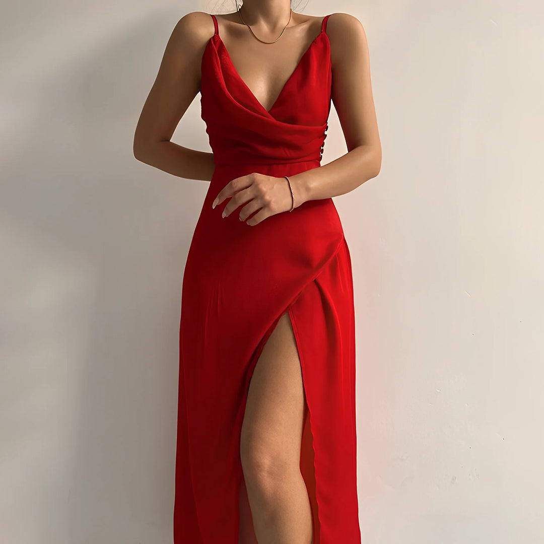 Women’s Maxi Slip Dress with V-Neck and Side Slit