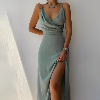 Women’s Maxi Slip Dress with V-Neck and Side Slit
