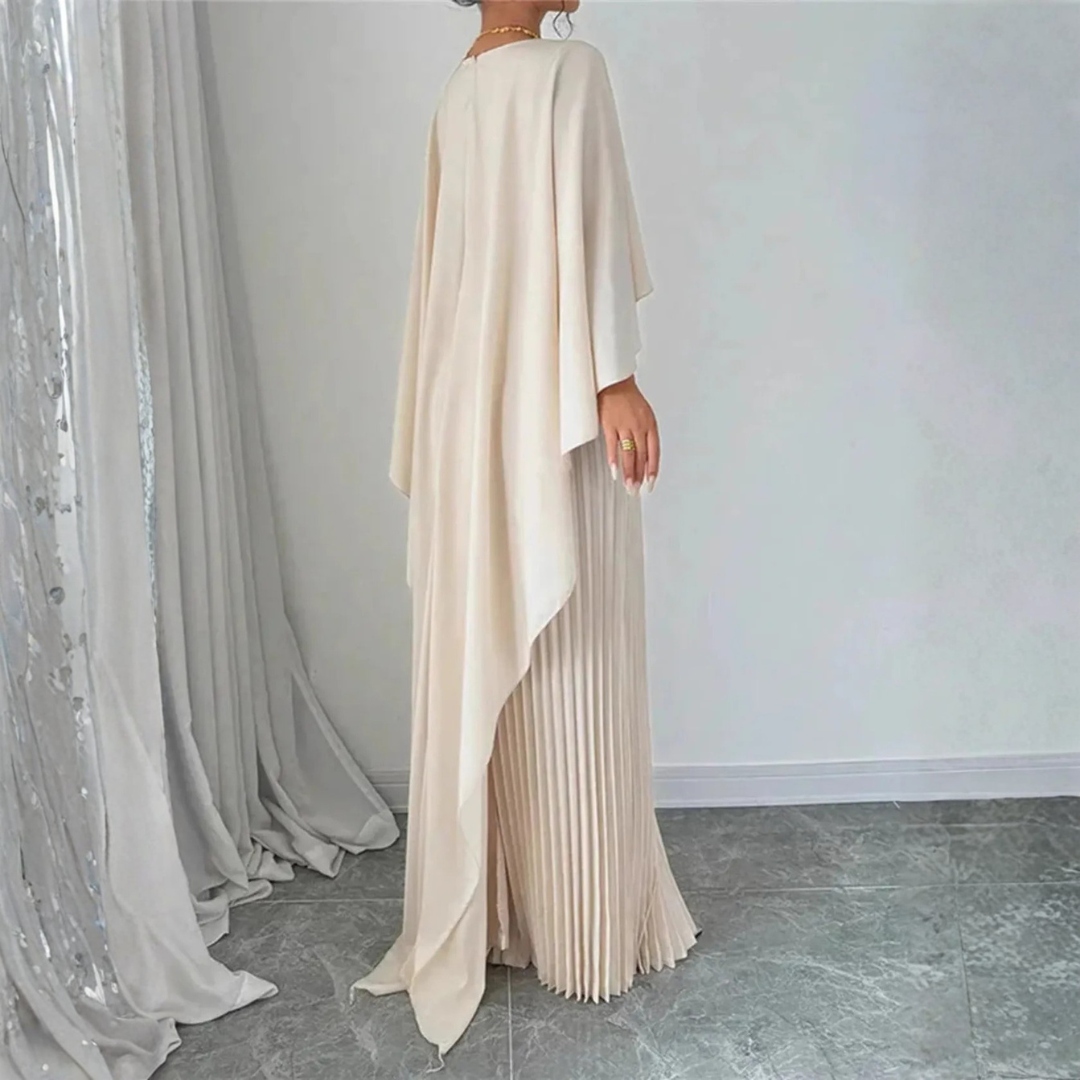 Women’s Round Neck Cape Sleeve Maxi Dress with Pleated Skirt