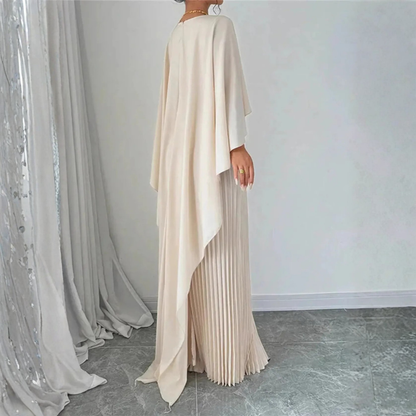 Women’s Round Neck Cape Sleeve Maxi Dress with Pleated Skirt