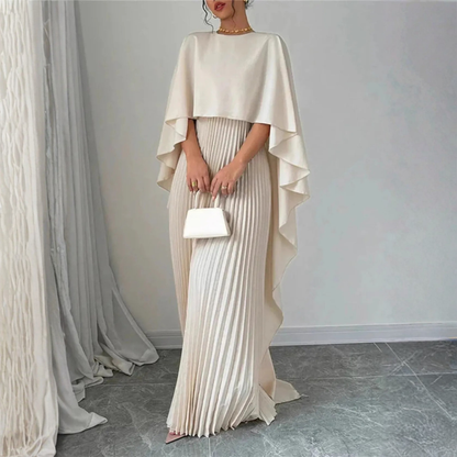 Women’s Round Neck Cape Sleeve Maxi Dress with Pleated Skirt