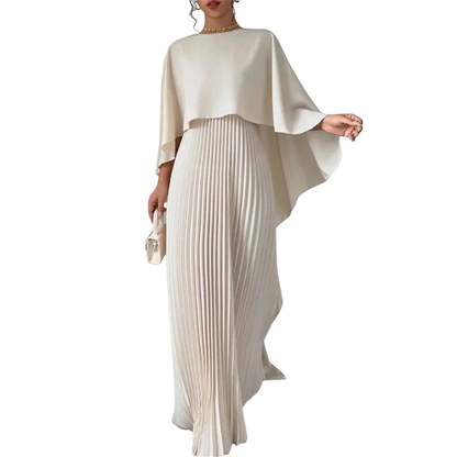 Women’s Round Neck Cape Sleeve Maxi Dress with Pleated Skirt