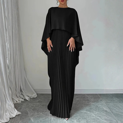 Women’s Round Neck Cape Sleeve Maxi Dress with Pleated Skirt