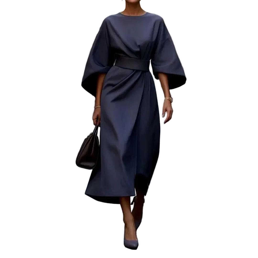 Women’s Round Neck Midi Dress with Wide Sleeves and Waist Belt
