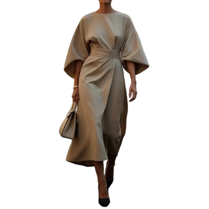 Women’s Round Neck Midi Dress with Wide Sleeves and Waist Belt