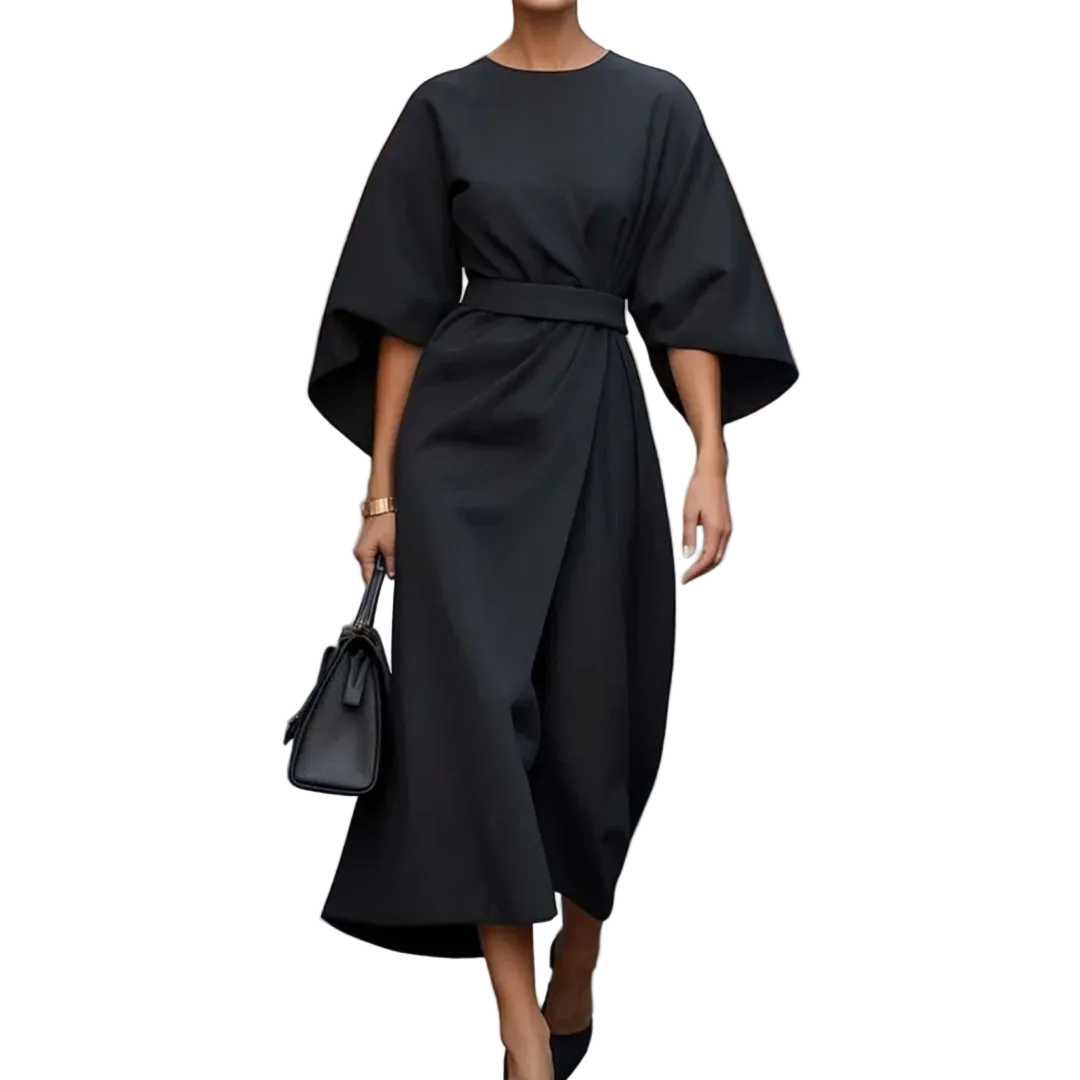 Women’s Round Neck Midi Dress with Wide Sleeves and Waist Belt