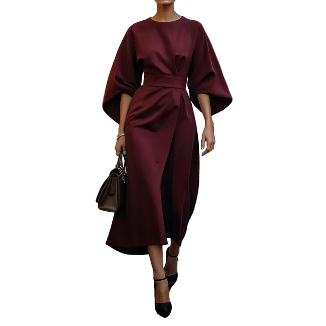 Women’s Round Neck Midi Dress with Wide Sleeves and Waist Belt