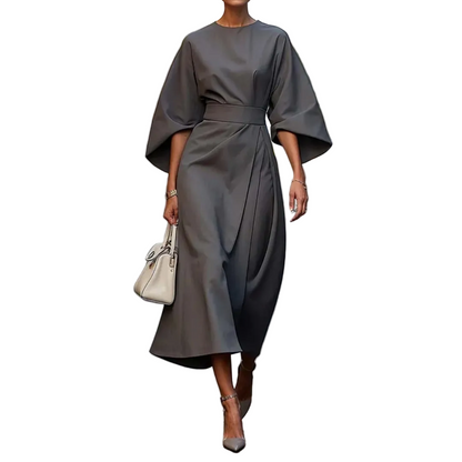 Women’s Round Neck Midi Dress with Wide Sleeves and Waist Belt