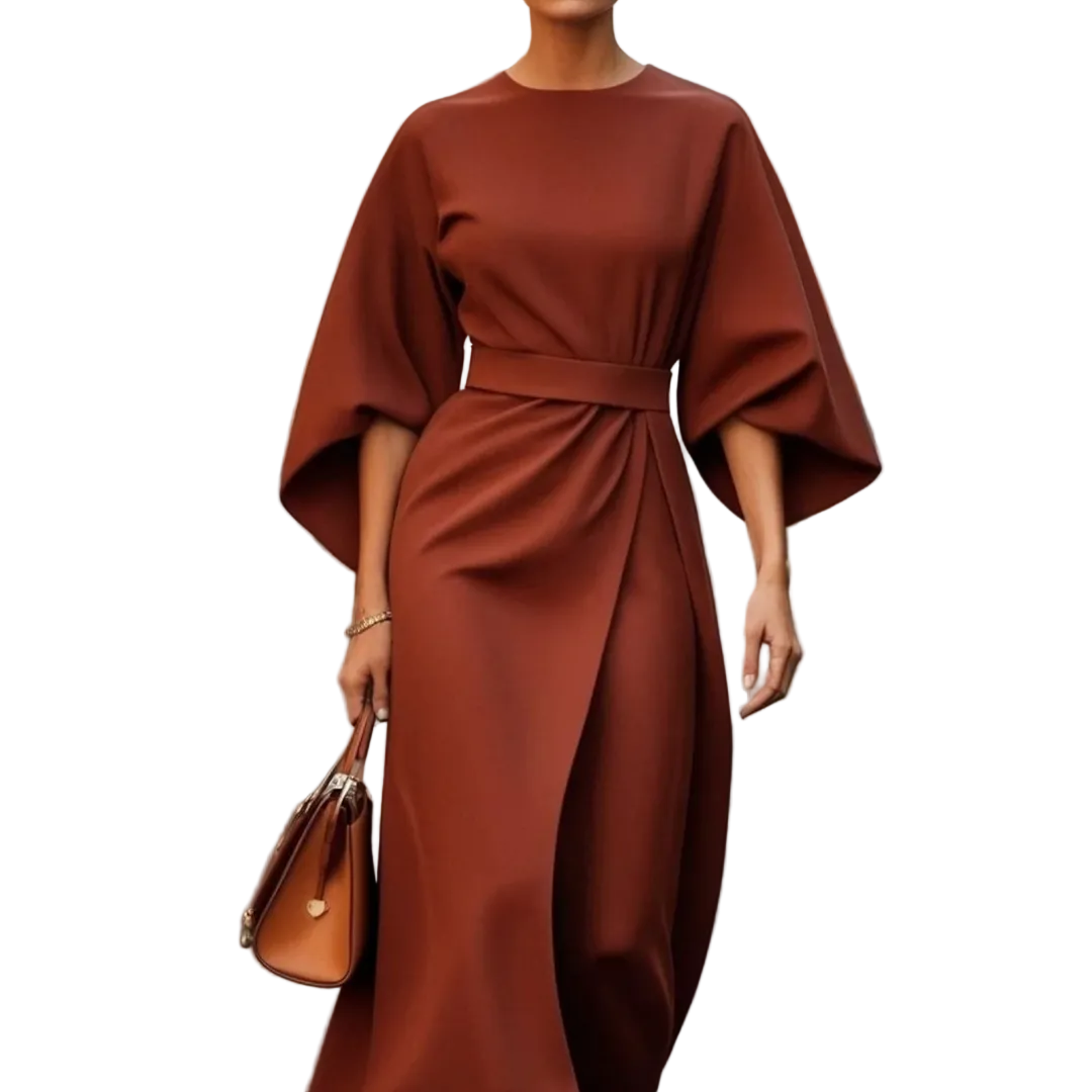 Women’s Round Neck Midi Dress with Wide Sleeves and Waist Belt