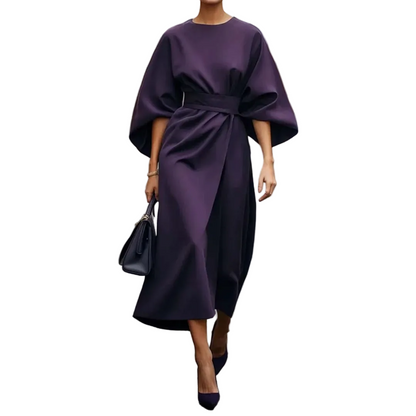 Women’s Round Neck Midi Dress with Wide Sleeves and Waist Belt