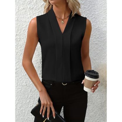 Women’s Sleeveless V-Neck Blouse with Smooth Front Panel
