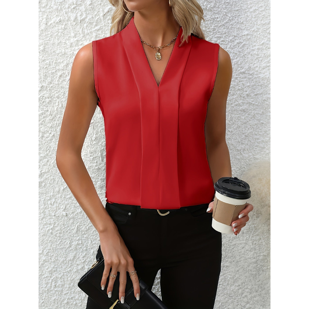 Women’s Sleeveless V-Neck Blouse with Smooth Front Panel