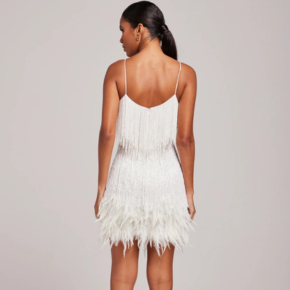 Women’s Spaghetti Strap Mini Dress with Fringe Texture and Feather Trim