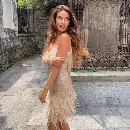 Women’s Spaghetti Strap Mini Dress with Fringe Texture and Feather Trim