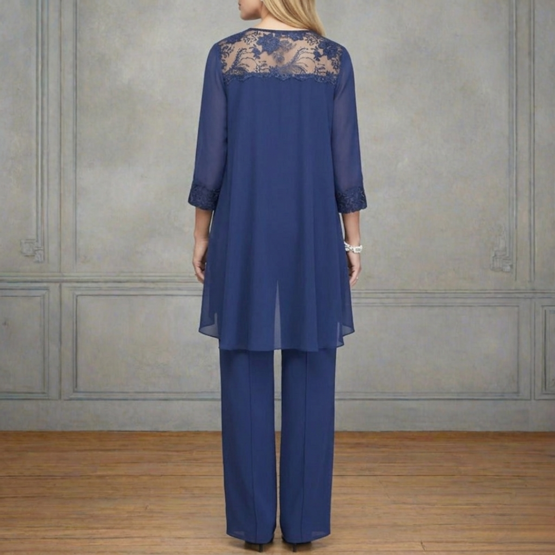 Women’s Three Piece Set with Lace Neck Top, Straight Leg Trousers and Long Cardigan