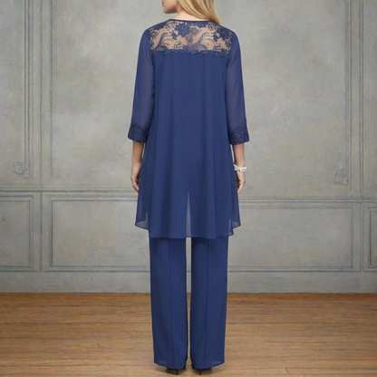 Women’s Three Piece Set with Lace Neck Top, Straight Leg Trousers and Long Cardigan