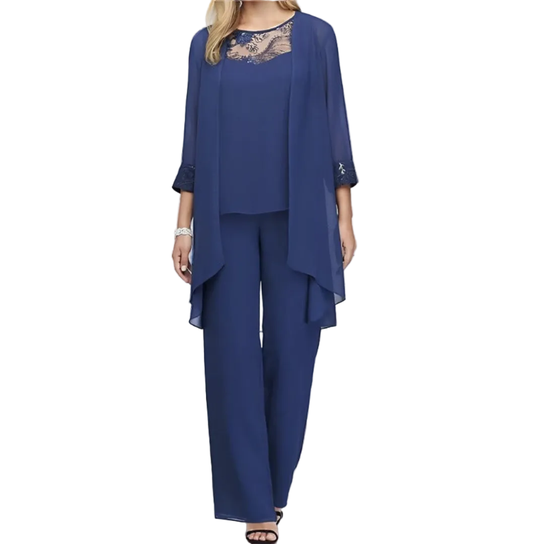 Women’s Three Piece Set with Lace Neck Top, Straight Leg Trousers and Long Cardigan